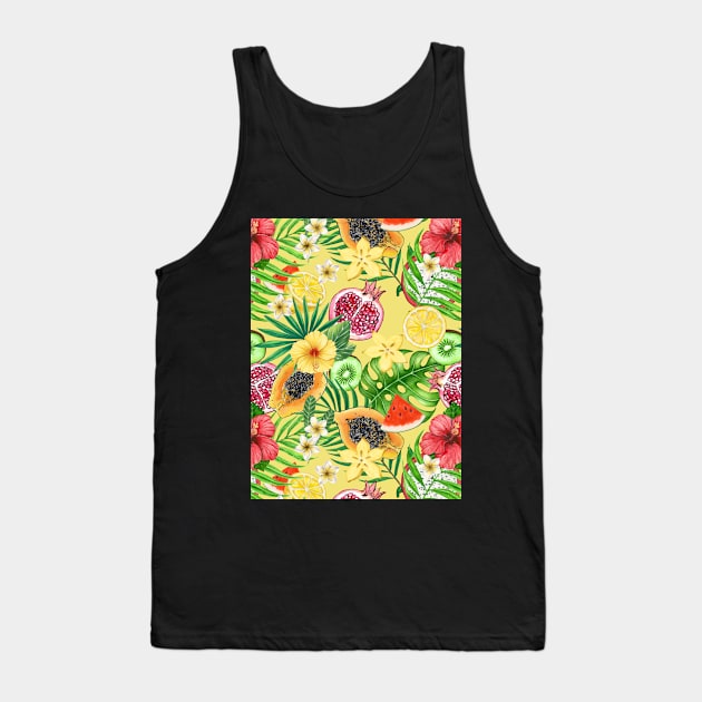 Tropical mix-fruit, flowers and leaves on yellow Tank Top by katerinamk